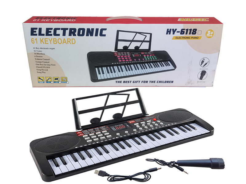 61 Keys Dual Speaker Electronic Organ(Black/With Music Stand, USB Cable/Microphone)