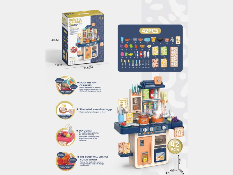 63Cm Steam And Grill Smart Kitchen, Play House, Tableware Table (Steam And Grill, Novel Frying Pan, Color-Changing Food, Light, Water Release Function) 42Pieces, 3*1.5Aa Without Electricity