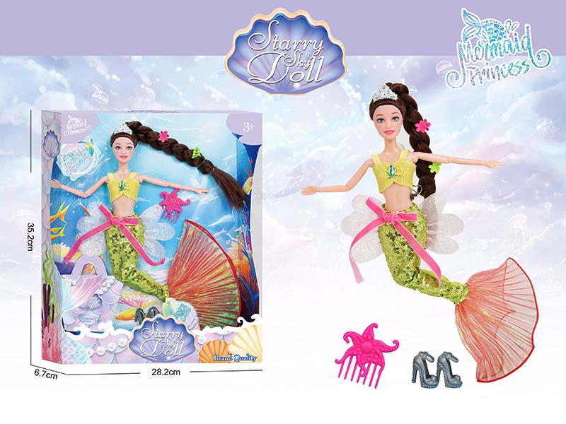 11.5 Inch 11-Joints Mermaid Princess Doll With Crown, 2 Hair Clips, Starfish, Comb, DIY Necklace