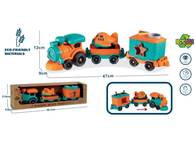 Lighting And Sound - Straw Material Sliding Cartoon Locomotive Hanging Carriages (Geometric Grain-Shaped Blocks *4) - Paired With 1 Sliding Aircraft