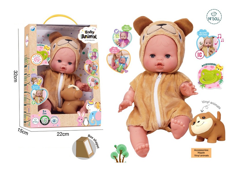 14" Vinyl Doll With 6 Sounds + Vinyl Animal, Pacifier