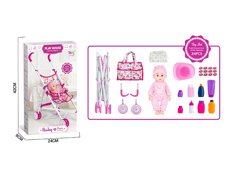 Baby Stroller Toy + 14" Baby Doll With IC + Baby Toilet, Diaper, Baby Bottle, Handbag, 7 Bottles