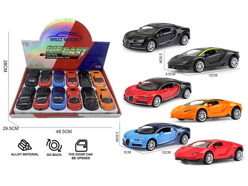 1:32 Lamborghini/Bugatti Pull Back Alloy Cars With Lights And Music 12pcs