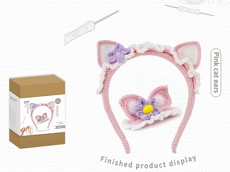 DIY Crochet Toy Pink Cat Ear Hair Hoop Hairpin 2 Set(Including Making Tools)