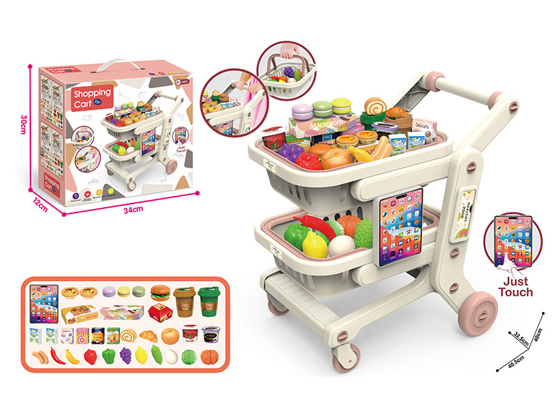 Double-Layer Universal Simulation Supermarket Shopping Cart Set(Pink) + Smart Tablet
