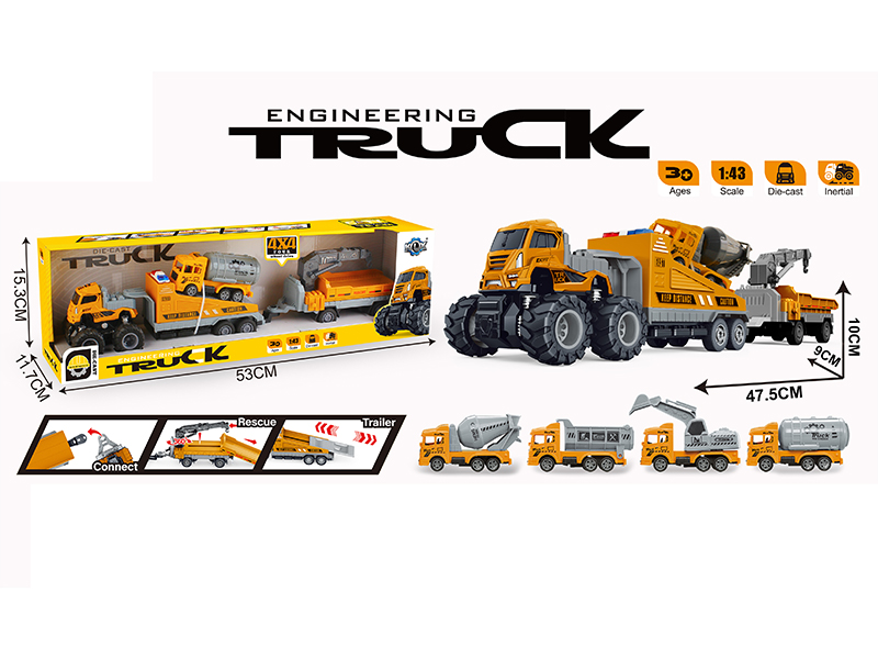 4WD Friction Alloy Double Trailer With Pull Back Engineering Truck