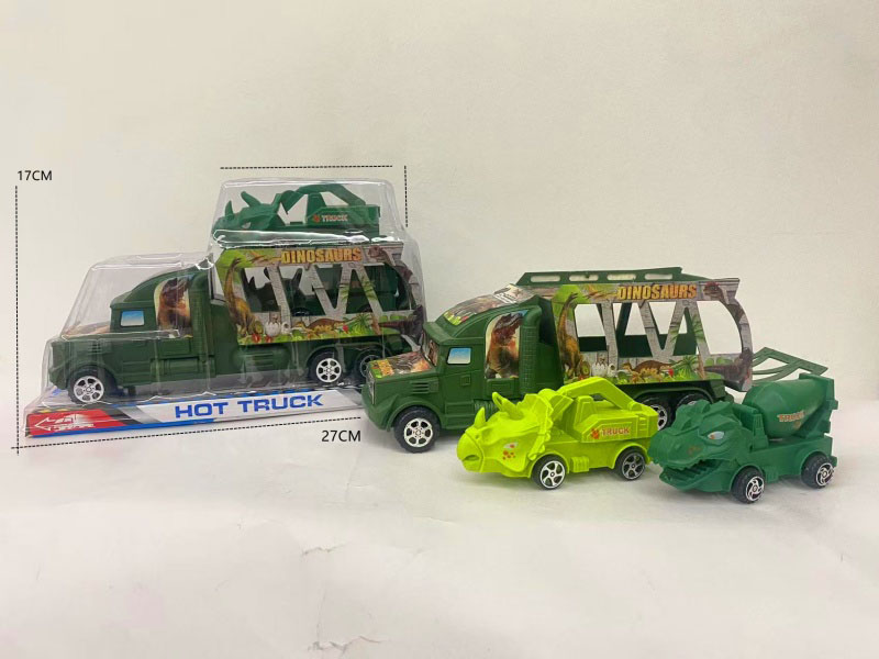 The inertial double-decker flatbed truck is equipped with two sliding large dinosaur engineering vehicles