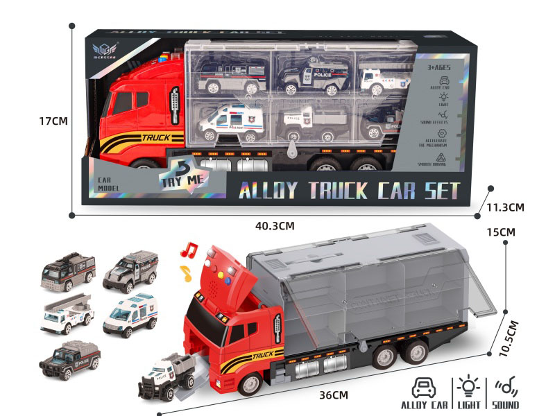 Fire-Fighting Short-Nosed Container Truck + Police Car Series Alloy Vehicle