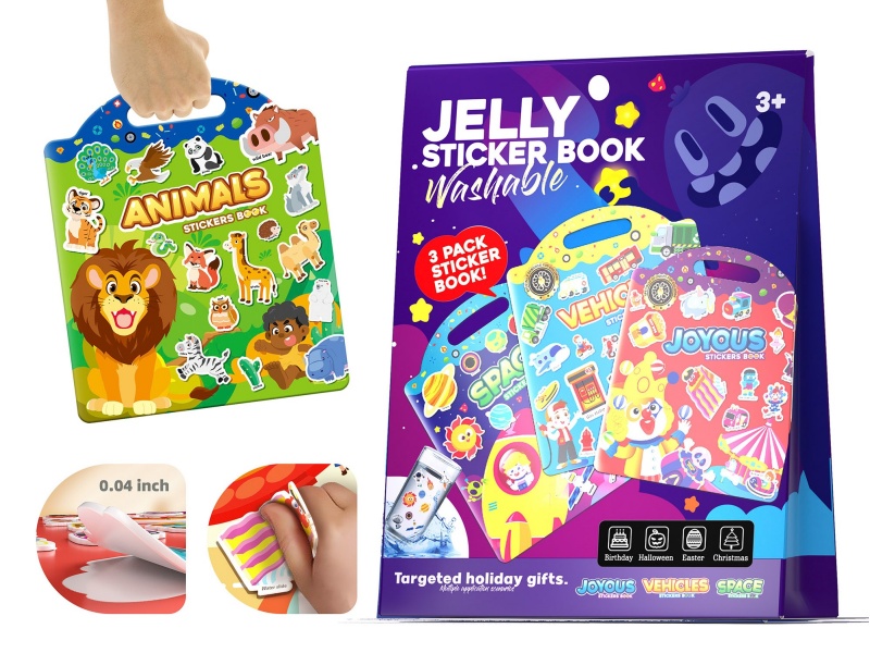 (Vehicles/Amusement Park/Dinosaur)3 Jelly Sticker Book + Gift Bag