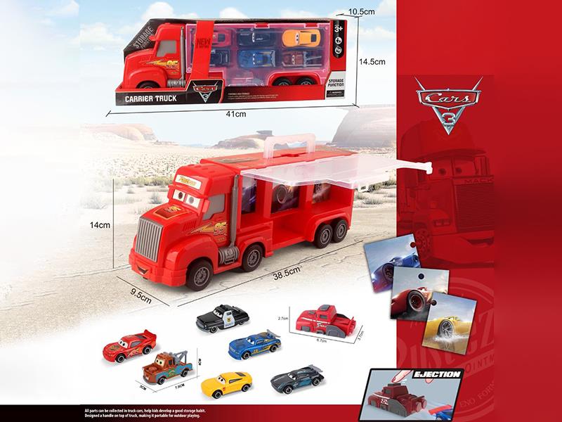 Friction Cars Storage Carrier Truck + 4pcs 7.5cm Slide Alloy Cars + Launcher