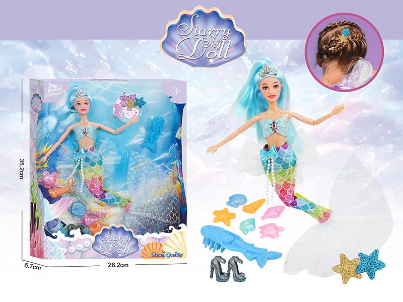 11.5 Inch 11-Joints Mermaid Princess Doll With Crown, Comb, Hair Clip, Sea Shell Accessories