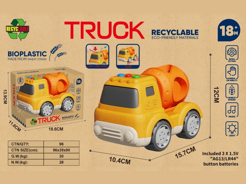 Straw Material Cartoon Sliding Engineering Mixer Truck (Lights And Music)