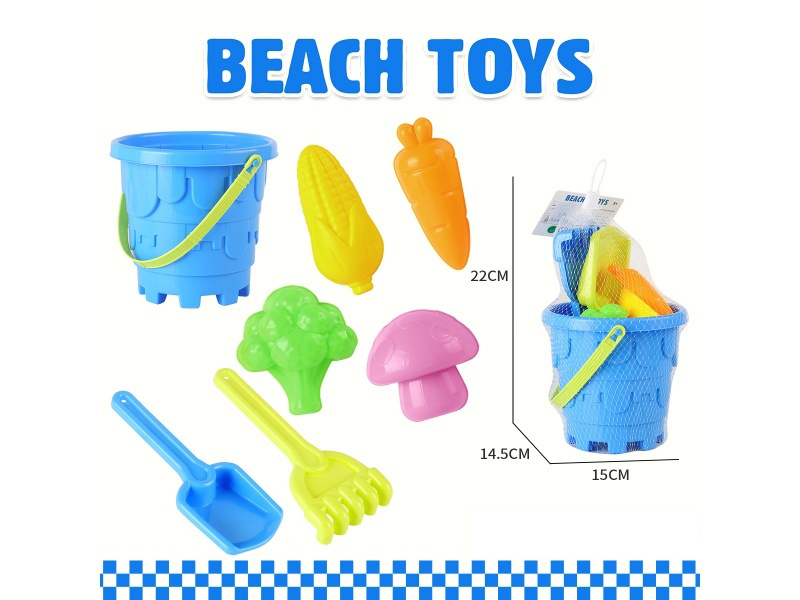 Beach Bucket Sand Spade Tools Fruit And Vegetable Mold Set Of 7