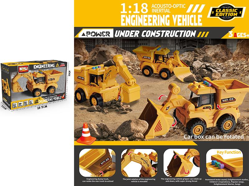 1:18 Friction Engineering Truck With Sound And Lights - Excavator, Snowplow, Bulldozer