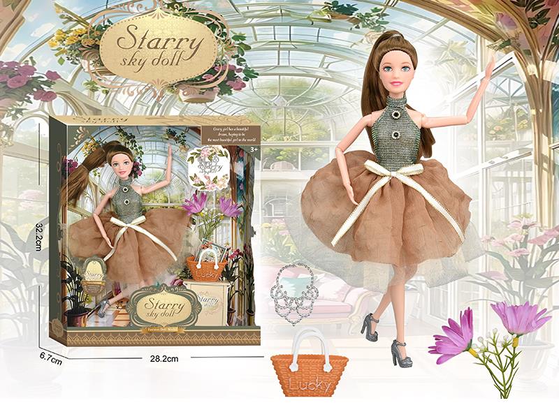 11.5 Inch 11-Joints Fashion Doll With Necklace, Simulated Bouquet, Handbag