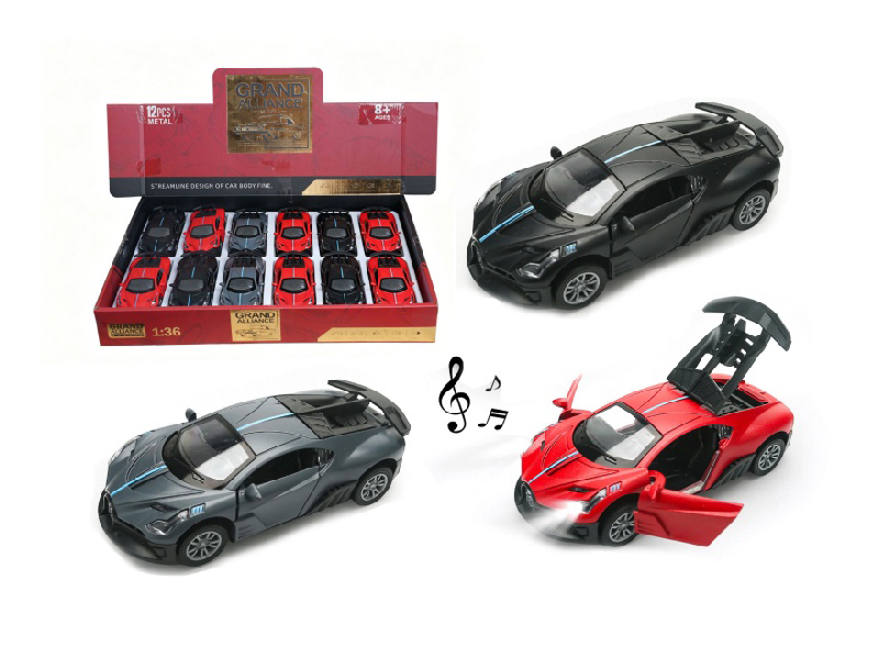 1:36 Huili Alloy Car Model - Bugatti With Lights, Music, Black, Gray And Red Mixed Set (12 Pieces/Display Box)