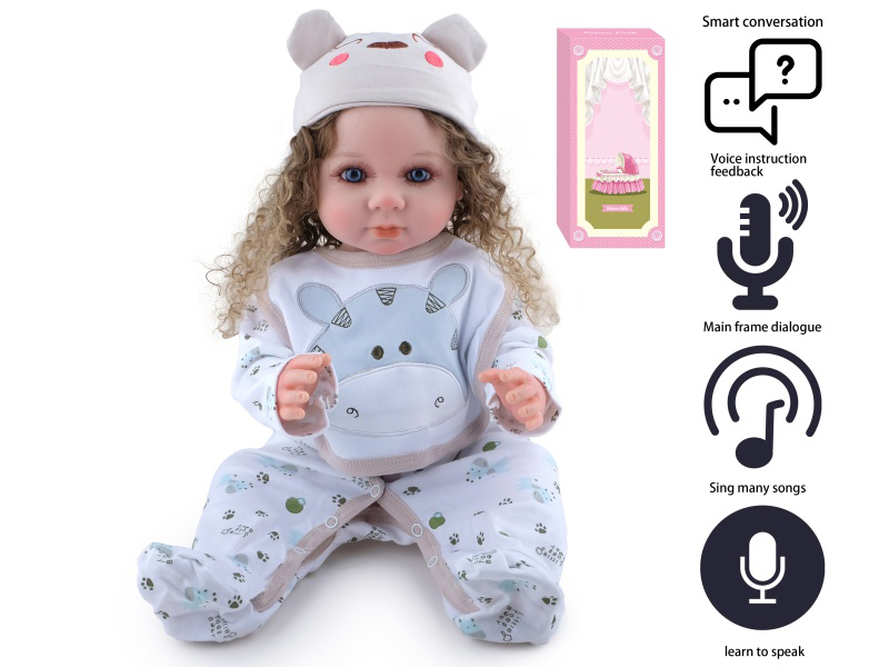 55cm Soft Plastic Reborn Doll(Wig Sheath) With Feeding-Bottle, Magnetic Pacifier, Diaper, Birth Card With Smart Conversation, Recording Functions