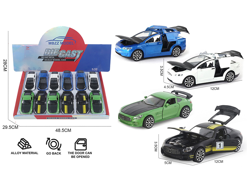 1:32 Mercedes-Benz GT/Tesla Pull Back Alloy Cars With Lights And Music 12pcs